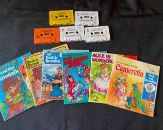 vintage children's "Book & Record" sets, which include illustrated storybooks and accompanying 45 RPM records or cassette tapes.