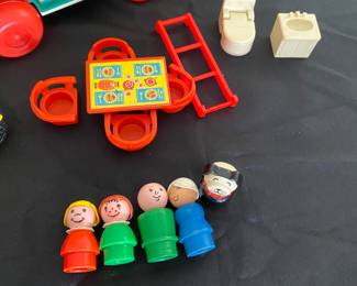 Vintage Fisher Price Play Family Camper - Set includes plastic camper, blue boat, yellow motorcycle and various accessories and people