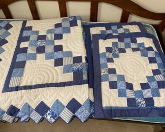 Twin Blue & White patchwork Quilted comforter with two - shams