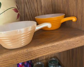 Vintage Fire king handled soup bowls with a beehive design