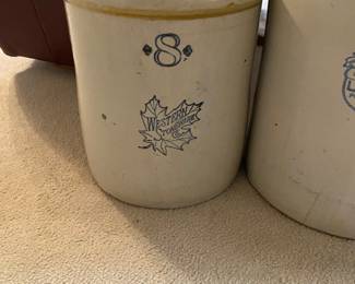#8 crock Western Stoneware with a blue maple leaf logo