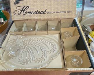 vintage Federal Glass Company Homestead pattern clear glass snack set.