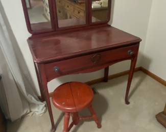 Vintage Wood Vanity with tri-fold mirror