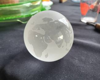 Vintage Crystal Glass Etched Frosted Clear Earth Globe World Paperweight