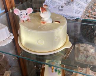 Vintage Ceramic Covered Cheese dish with a lid that has mouse figurines on top