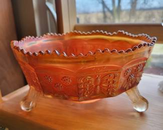 vintage Fenton Marigold Carnival Glass Butterfly and Berry 3-toed footed bowl.