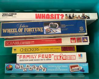 Parker Brothers - Whosit * Milton Bradley - Family Feud (new 2nd edition) * Checkers * Scrabble * Deluxe Wheel of fortune * TV Scrabble