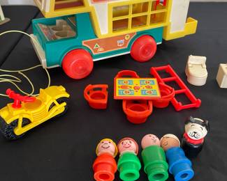 Vintage Fisher Price Play Family Camper - Set includes plastic camper, blue boat, yellow motorcycle and various accessories and people
