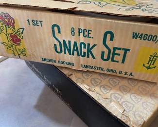 8-piece vintage Anchor Hocking Anniversary Rose snack set in its original box.