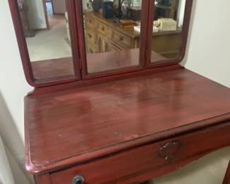 Vintage Wood Vanity with tri-fold mirror