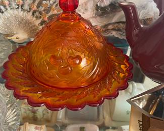 Indiana Glass Company Tiara Amber Sandwich Pattern Covered Butter Dish.