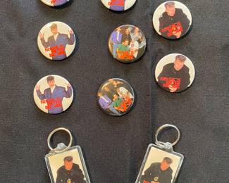 vintage New Kids on the Block (NKOTB) pinback buttons and keychains. The items feature images of the band members