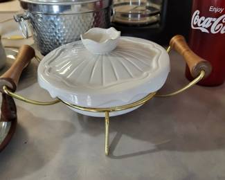 Soup Tureen or covered casserole dish in white with cradle