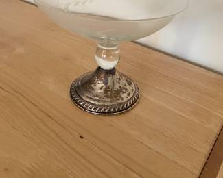 vintage Duchin Creation sterling silver weighted glass compote dish with an etched floral design.