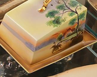 Vintage Noritake covered butter or cheese dish in the "Tree in the meadows "pattern
