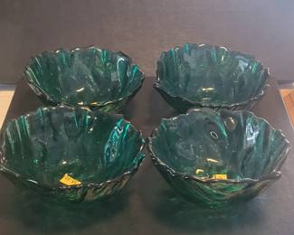 Blenko emerald green glass cabbage leaf bowls.