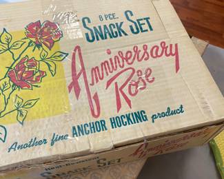 8-piece vintage Anchor Hocking Anniversary Rose snack set in its original box.