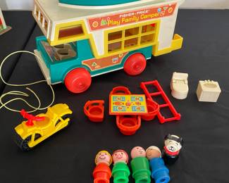Vintage Fisher Price Play Family Camper - Set includes plastic camper, blue boat, yellow motorcycle and various accessories and people