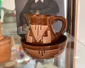 vintage Native American Sioux pottery pitcher and basin set