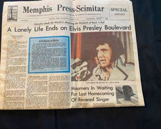 an original August 17, 1977, Memphis Press-Scimitar newspaper, a special edition covering the death of Elvis Presley.
