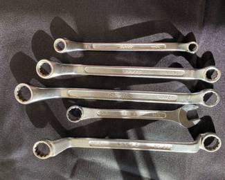 Vintage Sears double box-end wrenches. sizes 11/16 in., 3/4 in., 25/32in., and 14mm x 17mm. They are made of chrome vanadium steel.