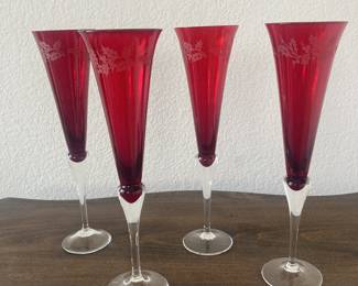 Lenox Holiday Gems Ruby Etched Holly Fluted Champagne Glasses $25 ea