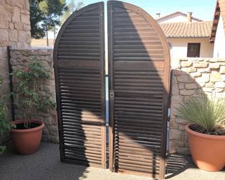Antique Rustic Arched Wood Shutters with Original Hardware (one pair) $295.00
Arched Antique Wood Shutters – Pair
69.75”H × 24”W each
45.5" if next to each other because of overlap