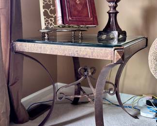 Glass Top End Table, Leather Book, and Table Lamp