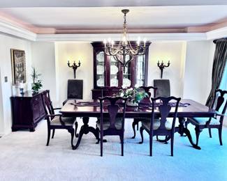 Kincaid Cherry Dining Room Set, Dining Table and Chairs, Fold Out Buffet, Illuminated Display Cabinet and Chest