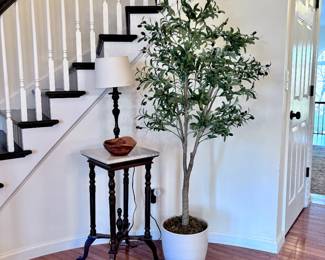 Marble Top Table, Table Lamp, Wooden Bowl and Faux Tree