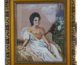 WOMAN NEEDLE POINT IN GOLD FRAME