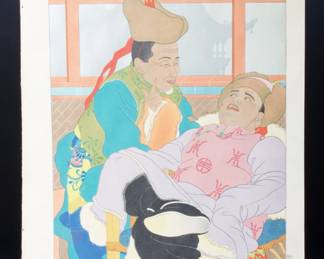 Rare Paul Jacoulet Woodblock Print "Une Histoire Trs Drle Mongols" c.1940s