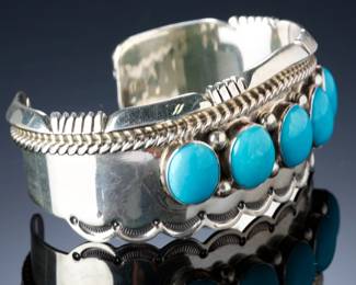 Navajo Tom Lewis Sterling Silver Turquoise Scalloped Cuff Bracelet, 60.95g
