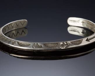 Signed AP 02 Native American Sterling Silver Hand Stamped Cuff Bracelet