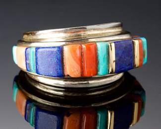 Important Charles Loloma Hopi Gold & Silver Cobble Inlay Ring Lapis Coral Turquoise Sz 8