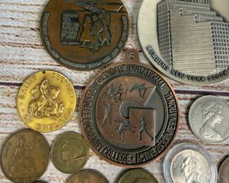 Unsearched Mixed Lot of Vintage Foreign Coins, Novelty Tokens & Commemorative Medals