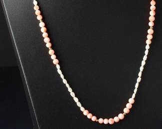 Long Pink Coral & Freshwater Pearl Beaded Necklace, 30in, Estate