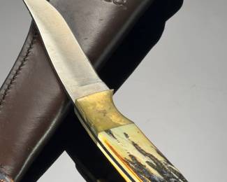 Bear MGC USA Fixed Blade Knife Stag Handle Leather Sheath