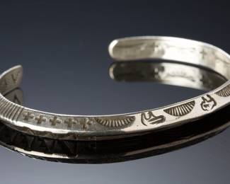 Signed AP 02 Native American Sterling Silver Hand Stamped Cuff Bracelet