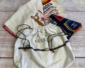 Mixed Lot of Vintage & Designer Style: Gucci Dust Bag, Chanel Scarf, Patches, Towel