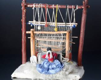 Vintage Handcrafted Navajo Weaving Loom Display with Weaver Doll Folk Art