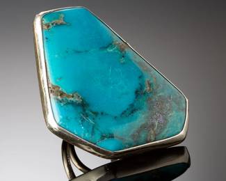 Large Native American Turquoise Sterling Silver Ring Signed R & RLIN SZ 7