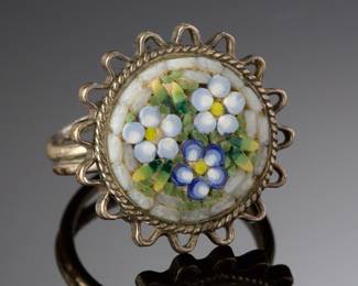 Antique 800 Silver Micro Mosaic Floral Ring - Adjustable Size 3.5-6, 4.29g