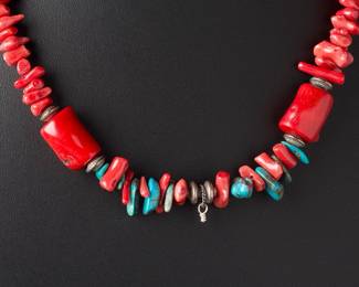 Bella Linda Red Coral Turquoise Sterling Silver Necklace 24" 79.69g