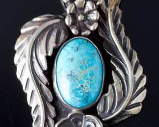 Navajo Turquoise Sterling Silver Leaf Floral Pendant Signed ST Native American