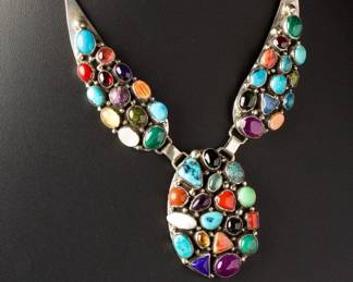 Navajo Emer Thompson Multi-Stone Inlay Sterling Silver Panel Necklace 73g