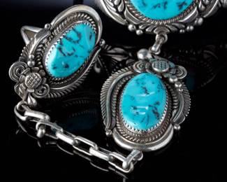 Navajo Ahasteen Turquoise Sterling Silver Slave Bracelet & Ring Set