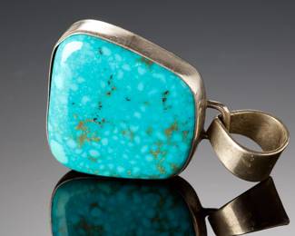 Large Vintage Turquoise Cabochon Sterling Silver Pendant Southwestern Style