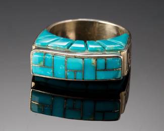 Native American Turquoise Inlay Sterling Silver Ring Sz 7.5 M H Signed