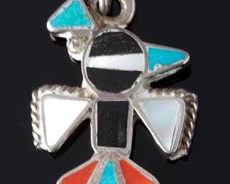 Vintage Multistone Inlay Peyote Bird Pendant Sterling Silver Native American Style